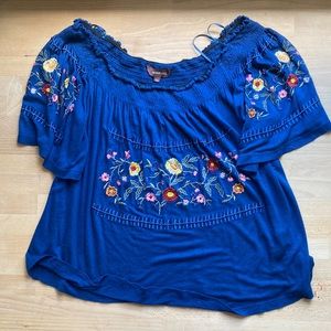 Anthropologie Blouse Ranna Gill Embroidered Off-Shoulder XS Blue Flower Decals